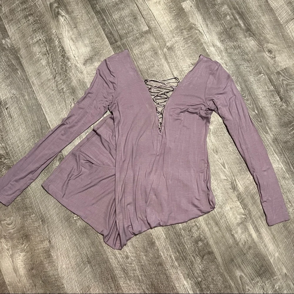 Long Sleeve Purple Lace Up Midi Dress - Picture 2 of 2